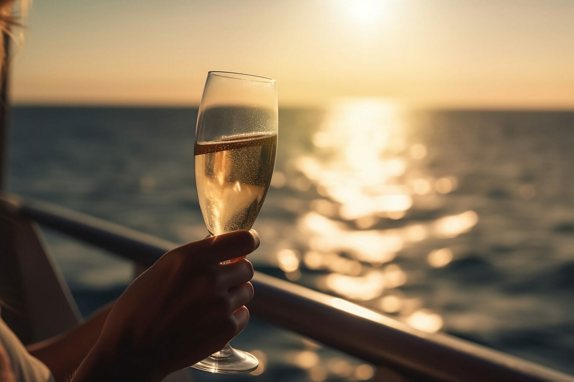 Luxury cruise ship travel champagne glass in woman's hand on balcony deck with ocean sunset or sunrise view on vacation on a yacht boat. Drinks in on a cruise holiday destination.