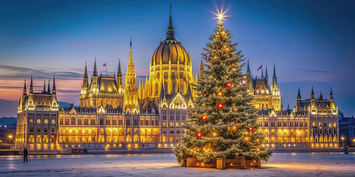 Beautifully decorated Christmas tree in Budapest giver adobe